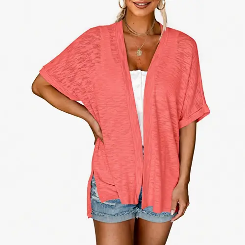 PHEFEE Women’s Short Sleeve Chic Knit Cardigan - Lightweight Open Front V-Neck, Flowing Cut Draped Fabric Top, Cardigan for Women, Valentine's Day, Pairs with Tanks or Dresses, Do Not Bleach, Summer Beach Bikini Cover Up