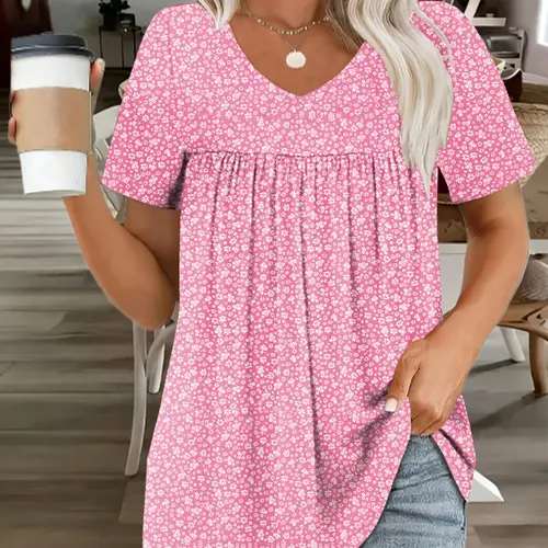Plus Size Women's V Neck Ditsy Floral Print Short Sleeve Ruched Bust Loose Summer Top, Comfortable and Stylish Casual Wear for Daily Use