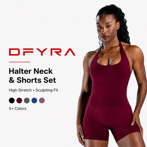 (With Logo) DF Impact Women's 2-Piece Dry Fit Fitness Clothes Set  - Elastic Breathable Fitted Sportswear, Halter Longline Padded Top with Built-In Bra, High Stretch Shorts for Gym Training, Two Piece Set, Workout Sets For Women