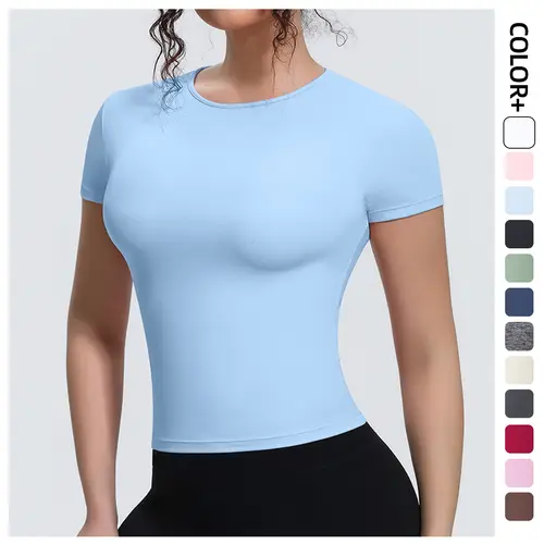 Women's Athletic Fit Nude-Feel Pull-On Short Sleeve Breathable Synthetic High Impact Sports Top - M, Sporty Chic Athleisure Wear for Plus Size Workouts, Yoga Training