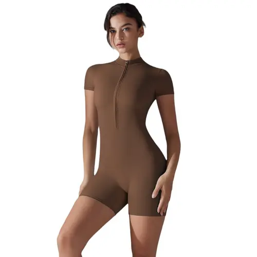 New Summer Zipper Short Sleeve Shorts Yoga Jumpsuit, Women's Tight One-Piece Sportswear for Dance, Fitness & Workout