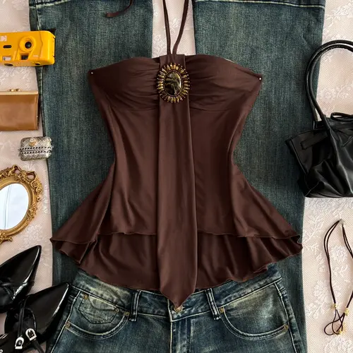 Elegant Chic Sleeveless Women's Slim-Fit Summer Halter Design Top, Chic Stylish Tie Back Ruched Asymmetrical Hem Top, Perfect for Warm Weather