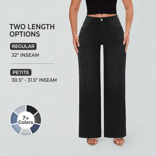 Magic SHAPUM Womens Mid-low Rise Wide Leg BBL Jeans Loose Fit Stretchy Distressed Denim Tummy Control Curve Hugging Comfortable Minimalist Pants Dark Blue Light Blue Black Plus Regular Sizes