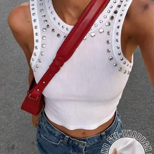 Y2K Style Rivet Decor Summer Top, Casual Slim Fit Sleeveless Backless Crop Top, Streetwear Womenswear for Travel and Daily Wear, Street Photography