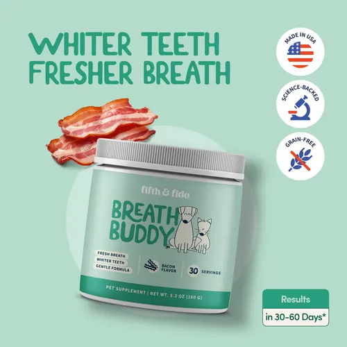 Fifth and Fido Breath Buddy Bacon Dental Powder for Dogs, Cranberry-Chamomile-L-Glutamine-Marshmallow Root Dog Oral Care Food Topper, Sensitive Stomach Formula, Made in USA