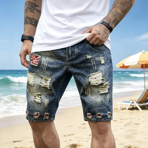 Summer men’s plus-size non-stretch mid-thigh denim shorts — retro tren
