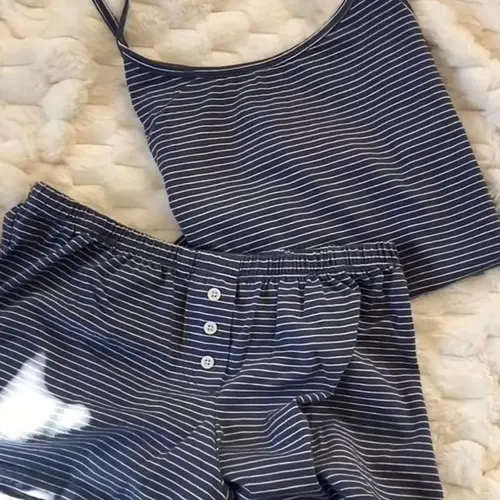 Striped Halter Shorts Set Casual French Style Home Wear, Reusable Two-Piece, Soft Cotton-Like Material, Ideal for Daily Use, Homewear