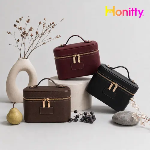 HONITTY Women's PU Leather Basic Makeup Case - Large-Capacity Waterproof Wipe-Clean Zip Bag with Removable Divider, Built-In Organizer for Party, On-the-Go Beauty Vanity Storage