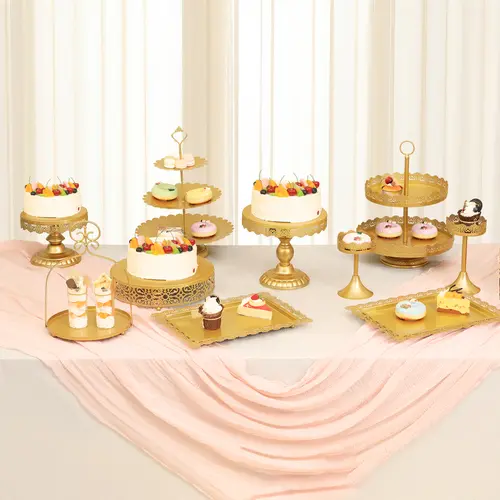 ZUMELER 10Pcs Metal Round Gold Hollow-Edged Cake Stand Set - Smooth Finish, Dessert/Candy/Fruit Plate Cupcake Tower for Wedding Special Events, Home Supplies (Gold Finish Adds Luxe Visual Warmth)