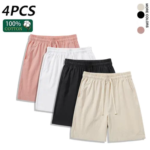 SPEEALER Men's 4PCS 100% Cotton Shorts - Soft, Loose-Fit, Linen-Like, Breathable Casual Summer Menswear Set