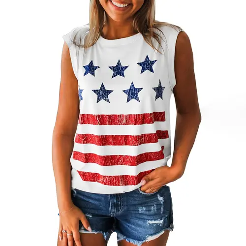 Mntaor Women's 4th of july American Flag Tank Top Vintage Stars & Stripes Print Sleeveless Casual Top for Patriotic Events Concerts Daily Wear Trendy USA Style Crewneck - Womenswear