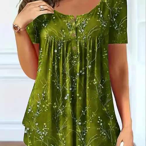 Women's Plus Size Summer Aesthetic Floral Print Short-Sleeve Top, Button-Front Pleated Design Casual Fashion Shirts, European and American Style Blouse, Boho Style Shirt