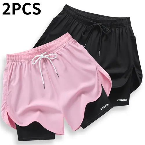 2-pack double-layer faux two-piece solid shorts—breathable, quick-drying leggings; women’s athletic shorts with adjustable drawstring waist — lightweight fitness shorts with side design, non-see-through running casual wear, easy-care solid color design wi