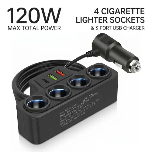 Multi-Function Cigarette Lighter Splitter, Cell Phone Car Charger, 4 Cigarette Lighter Sockets, 1 PD Fast Charger Port 2-Port USB Power Adapter for Cell Phones Adapter