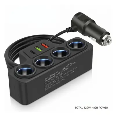 Car Cigarette Lighter Splitter, 4 in 1 Multi-Function Outlet Adapter with PD Fast Charger & 2 USB Ports, Cell Phone Car Charger for iPhone Android GPS Dash Cam – Road Trip Essential