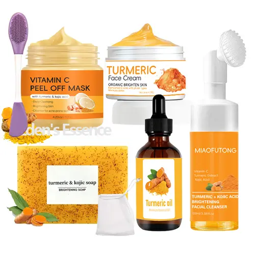 Turmeric 6-Piece Skincare Set with Massage Cleansing Brush - Turmeric Glow Set, Beauty Products, Self Care Bundle Box for Daily Facial Routine Face Care (Clay Mask, Mousse Cleanser, Soap, Cream, Oil), Combo Set Skin Care Kits