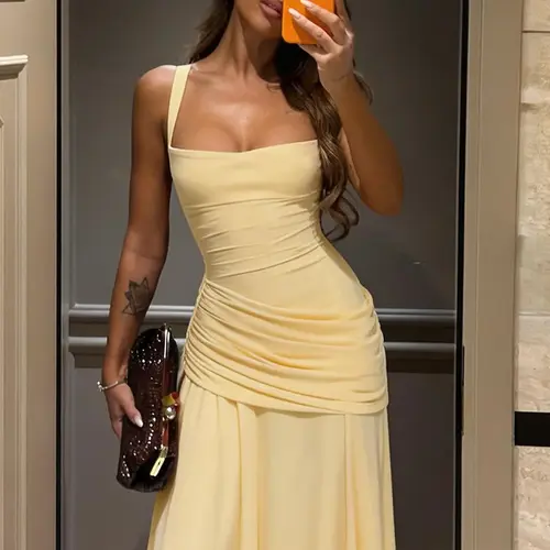 Women's Solid Color TIe-back Sleeveless Bodycon Slip Dress, Plain Criss Cross Straps Back Lace-up Ruched Slim Fit Maxi Dress, Party Club Date Evening Formal Gown Holiday Daily Casual Elegant Long Dresses For Ladies All Seasons Summer Fashion Clothes Wear