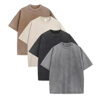 Men’s loose-fit acid-wash cotton short-sleeve T-shirt set of 4; casual street-style top; men’s retro crew neck solid-color trendy basic T-shirt