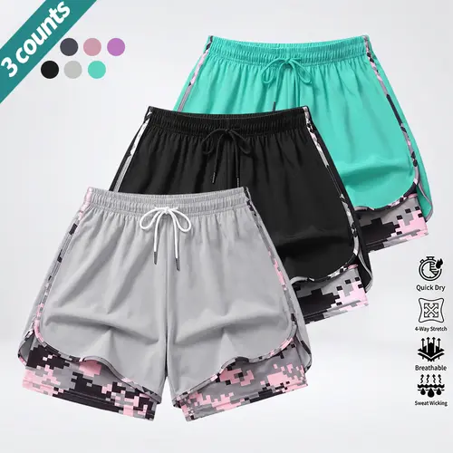 3-pack women’s faux two-piece anti-exposure lining athletic shorts, highly elastic quick-dry fabric, elastic drawstring waistband, suitable for running, fitness, basketball training, yoga, and outdoor activities.