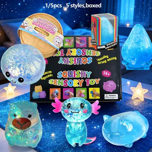 1/5 Pc Novelty Stress Relief Toy Set, Soft Slow-Rebound Squishy Fidgets for Anxiety Relief, Blue-Series Boxed Desktop Toys for Parties and Festivals