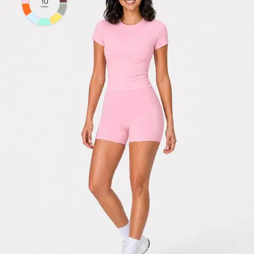 Women's Two-Piece Sports Set, Soft Short Sleeve Crop Top & High Waist Pocket Shorts, Casual Yoga Fitness Wear for Running, Gym and Training, High Elastic All Season Activewear, Casual Breathable Sportswear