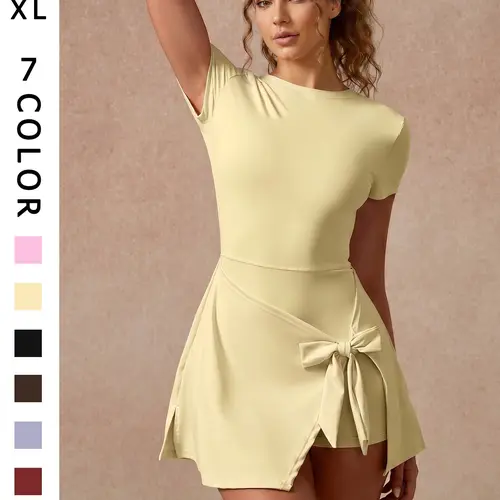 Women's Solid Color Short Sleeve Sports Dress with Built-In Skort, Active Dress, Exercise Dress, Workout Dress, High-Stretch Soft Slim-Fit Backless Yoga Dress, Casual Anti-Chafing Tennis Dress for Outdoor Running, Gym and Training, Golf Sports Skort