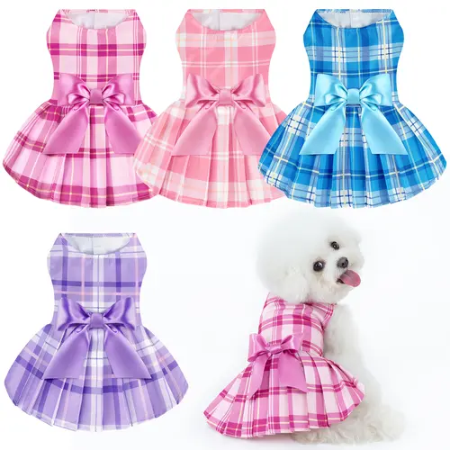 XPUDAC 4 Pieces Plaid Dog Dresses for Small Dog Sweet Bowknot Cute Puppy Dress Pet Princess Clothes for Birthday Holiday Spring Summer Pet Outfits Summervibes Petlovers, Holidays, Birthdays