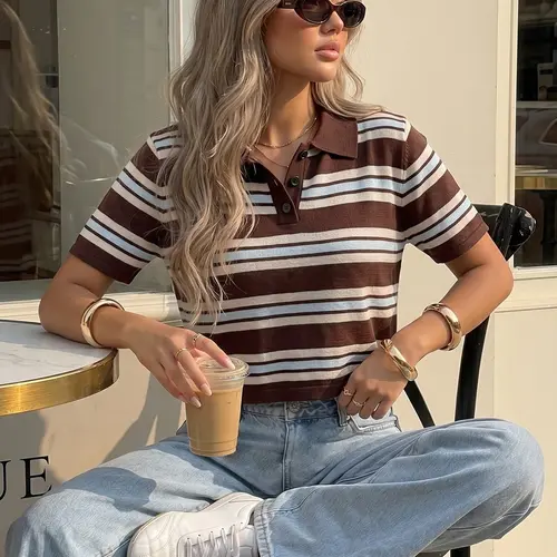 Elegant Women's Spring Summer Fashion Casual Home Office Commute Basic Simple Fitted Knit Striped Collar Button Half Open Short Sleeve Pullover Tops Collared Top