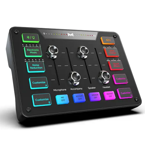 ECHOMUSSY Gaming Audio Interface Mixer, Streaming Equipment with XLR Microphone Input, USB Port, 48V Phantom Power, Noise Reduction, RGB Light Control, Bluetooth, Voice Changer for Content Creation/Streaming
