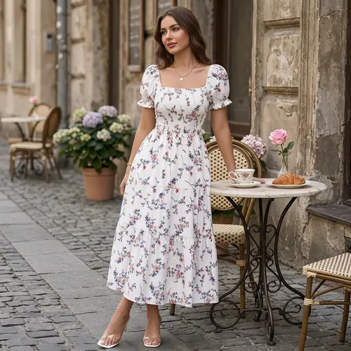 2026 New Women's Square Neck Ditsy Floral Maxi Dress, Flowy Big Swing Printed Long Dress, Casual Elegant Boho Sundress