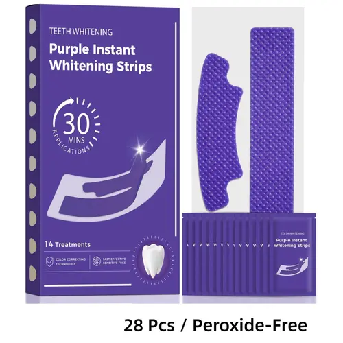 28 Brightening Gel Strips, Purple Teeth Whitening Strips, Long-Lasting Results Gentle Coffee Tooth Stain Repair Treatment, Combining Whitening Colour Correction, Enamel Safe Low-Sensitivity, Daily Oral Care for Men Women, Easy-to-Use, Dry Strip Technology