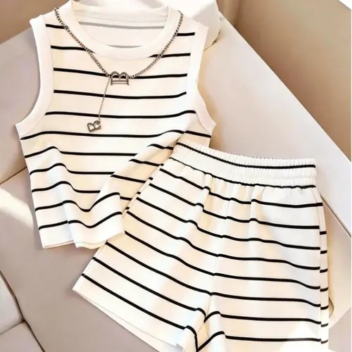 Women's Striped Tank Top and Shorts Set, Clothing Sets, Sleeveless Top with Elastic-Waist Shorts, Summer Casual Everyday Loungewear in a Minimalist Style Clothes