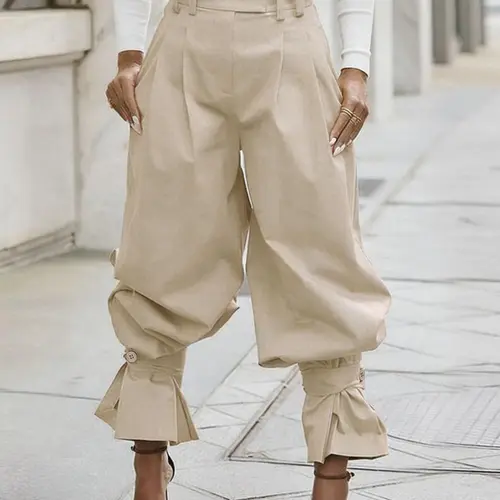 Fashion High-Waisted Pleated Lantern Pants for Women, Casual Fashion Elegant Loose-Fit Wide Leg Pants with Ruffle Hem, Aethleisure Style Bottoms, Bottoms