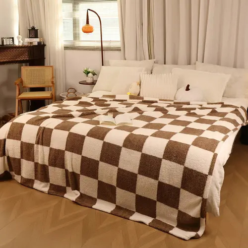 【Summer Sale】ROSEKIND Brown White Checkered Blanket(midd year sale,deals for you,restock) Checkered Design Lightweight Fuzzy Cozy Blankets for Sofa Chair Bed Ideal Gift for Love Women Men Friends Pets,Cloud Soft Knit for Instant Cool Relief