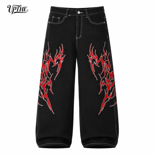 UPTHE Men’s Black Ultra Wide Leg Baggy Denim Jeans, New Jersey Y2K goth streetwear pants with bold red tribal flame print, oversized loose silhouette, punk grunge skater design for hip-hop casual daily street fashion outfits Classic Menswear, Baggy Pants,