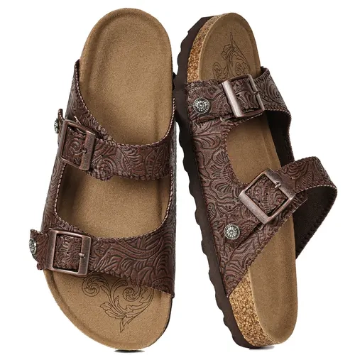【2026 New】OOW Cork Footbed Slide Sandals for Women and MEN – Cowboy Boot Sandal Western Style Embossed Tooled Leather Upper, Arch Support Adjustable Buckle 2 Strap, Open Toe Wide Flat Slip On, Lightweight Summer Beach Vacation  Walking Shoes,Casual Style