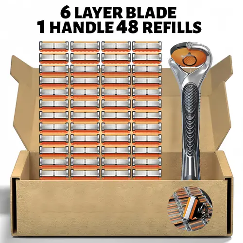 Men's 6-Layer Sharp Handheld Shaver Kit, 24/48 Refills or 48 Refills + 1 Handle Option, Ammonia-Free Razor Blade Replacements for Adults' Daily Care, Men's Care