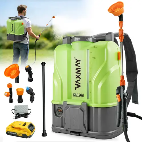 【Father's Day Gift】VAXMAY Battery-Powered Backpack Sprayer, 3.2 Gal 100 PSI Strong Spraying Electric Tool, DeWalt 20V Batteries Compatible, 2 Wands, 5 Nozzles, 2.0 Ah Cell, Charger, Breathable Back Padding, Digital Voltage Display for Comfortable Carry, F