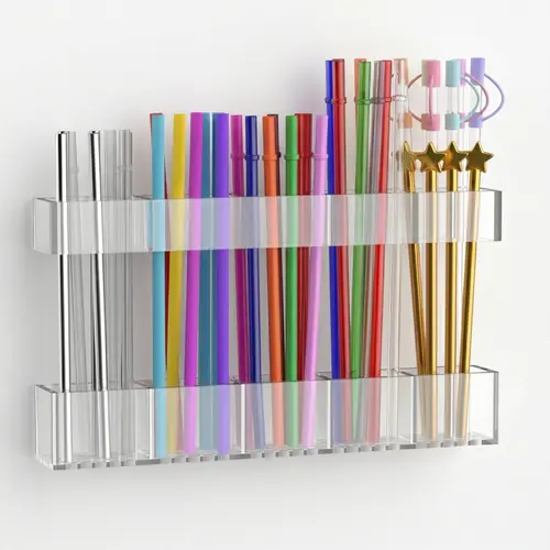 9.5-Inch Large Clear Acrylic Straw Organizer for Cabinet Doors, Reusable Adhesive Storage Holder, Space-Saving Kitchen Accessory for Countertops and Cupboards