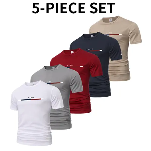 Men’s 5PCS Quick-Dry Crew-Neck Short-Sleeve Tees - Waterproof Polyester Men's Clothing, Moisture-Wicking, Non-See-Through Plain Print, Durable Athletic & Casual Ootd Tops, Multicolor Set for Fitness