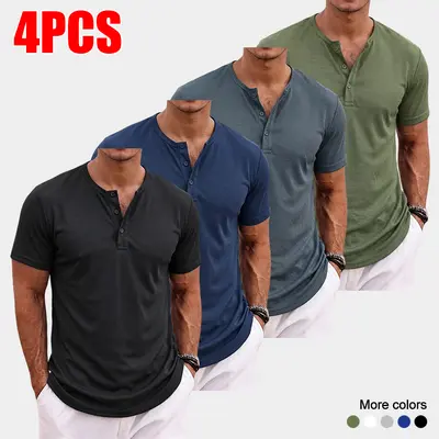 4-Pack Men’s Short Sleeve Henley Shirts, Button Front, Curved Hem, Slim Fit, Polyester Fabric, Casual Basic Tee
