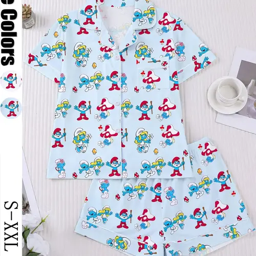 Women's Elf Print 2-Piece Sleepwear Set, Short Sleeve Button Front Top and Elastic Shorts, Comfortable Casual Homewear & Loungewear, Festive Pajamas, Printed Sleepwear Set