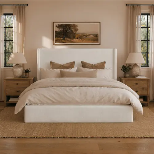 RECCI Queen Upholstered Bed Frame - 53” Tall Wingback Headboard, Sturdy Silent Metal & Wood Support, Luxury Polyester Padded Bedroom Furniture, Modern Elegant Design, No Box Spring Needed, Easy Assembly Required, Full Sized Bed Frame Compatible, Full Size
