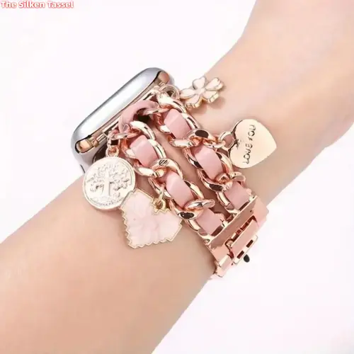 Women's Double-Row Chain Alloy-Leather Hybrid Apple Watch Band, 2026 Fashion Accessory - Compatible with Series & Ultra Models (38-49mm), Stylish Replacement Strap for Daily Wear & Springtime