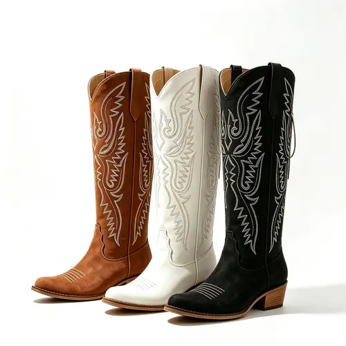 Women’s White Embroidered Knee-High Cowboy Boots - Western Style Pointed Toe Block Heels, Wide Calf Side Zip Footwear for Western Elegance, Outdoors Shoes