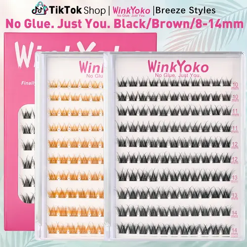Self Adhesive Natural Lash Clusters-Breeze Styles, WinkYoko No Glue Beginner Friendly Lashes, C Curl Diy Lash Extension, BASF Fiber 8-14mm Mixed Length Fairy Individval Eyelash, Pre-Glued Long Lasting Lightweight Wispy Venus Cat Eye Spider No Glue Needed