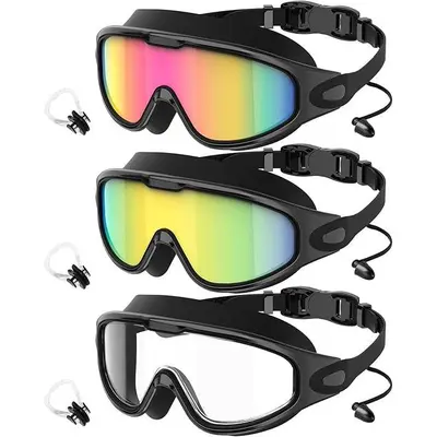 3 Pack Adult Swim Goggles, Wide View UV400 Anti-Fog Leakproof Swimming Glasses with Nose Clips, Unisex for Outdoor Water Sports,summervibes outdoorfun