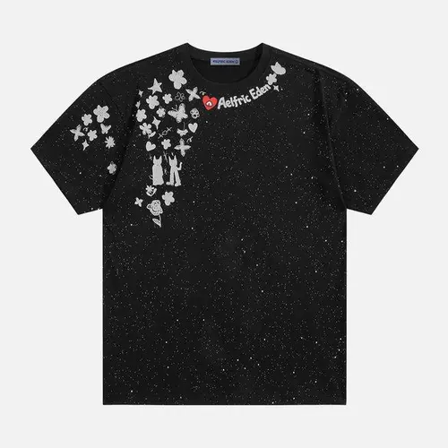 Aelfric Eden Sequin Cartoon Graphic Tee Mid Rise Oversized Dropped Shoulder Fit All-over Sequin Graphic Print Heavyweight Cotton Fabric Y2K Cute Streetwear Unisex Top,clothes for back to school,first day of school outfits