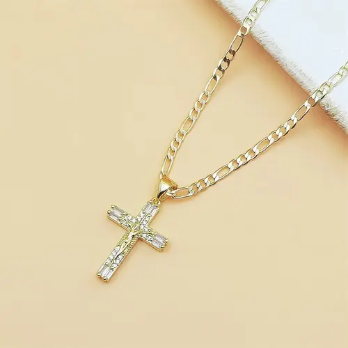 14K Gold Plated Cubic Zirconia Inlaid Jesus Crucifix Pendant Necklace - 23.62in (60cm) Copper Figaro Chain, Christian Style Unisex Religious Jewelry for Daily Wear, Men's Accessories, Accessories Adults