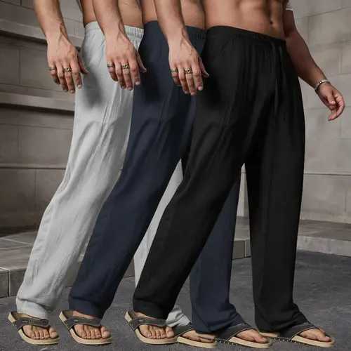 Summer 3 Pack Lightweight Breathable Lyocell Linen Straight Leg Pants — Men’s Fashion Loose Casual Drawstring Long Pants, Available in Multiple Colors, Perfect Gift for Boyfriend/Husband for Summer, Lightweight Essential Solid Color Pants